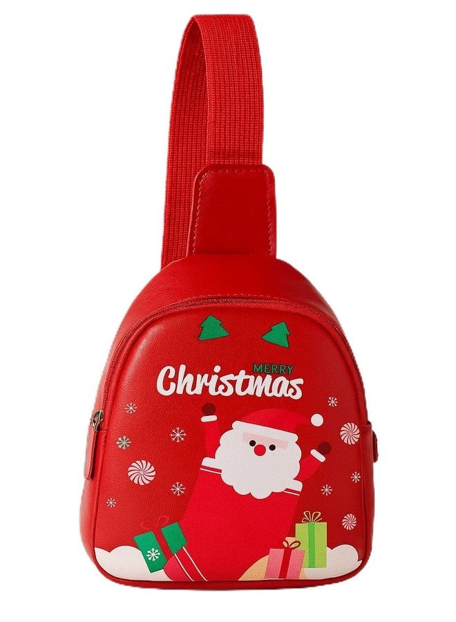 GlitreepropsKids Red Christmas Sling Bag, Mini Crossbody Backpack with Santa, Snowflake & Reindeer Print, Adjustable Strap, 17x13x6.5 cm - Image 1
